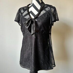 Black lace tie-neck short sleeve blouse.